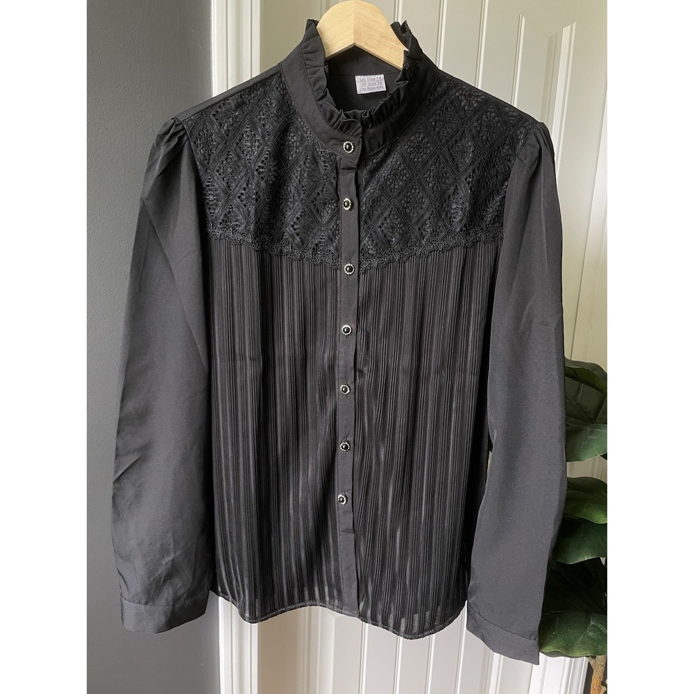 Victorian Goth Blouse | Black | Lace | Ribbed | Ruffle Neck Shirt Women's XL 14